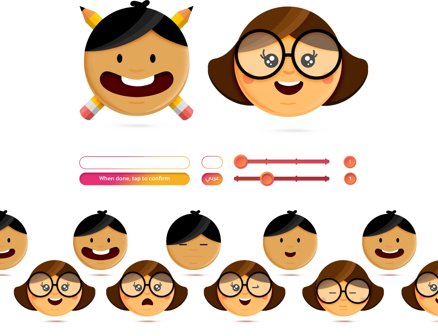KALIMA character and UI design board — mascots, controls and expression sheets